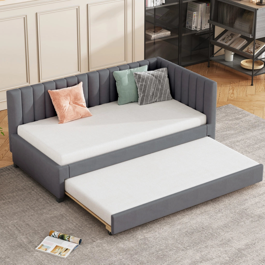 Letto estraibile singolo 90×200 cm con rete e struttura imbottita in velluto; senza materasso; grigio
