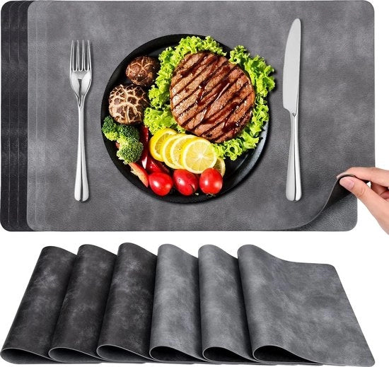 Piatti per tavolo in pelle lavabili - impermeabili - 6 pezzi - nero e grigio - pelle PU - 43 x 30 cm