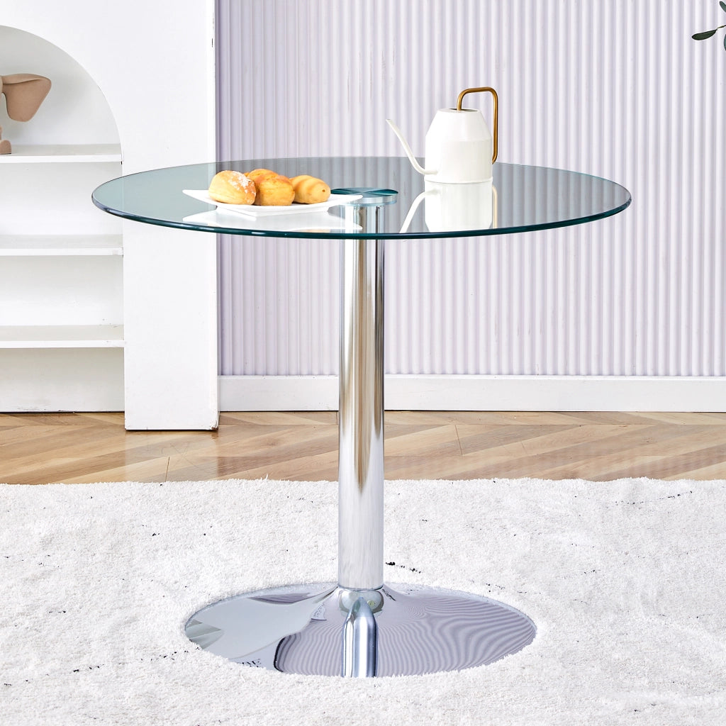 Tavolo da Pranzo Rotondo per 4 Persone; Stile Minimalista; in Vetro e Metallo; Argento Trasparente; 85 x 76 cm