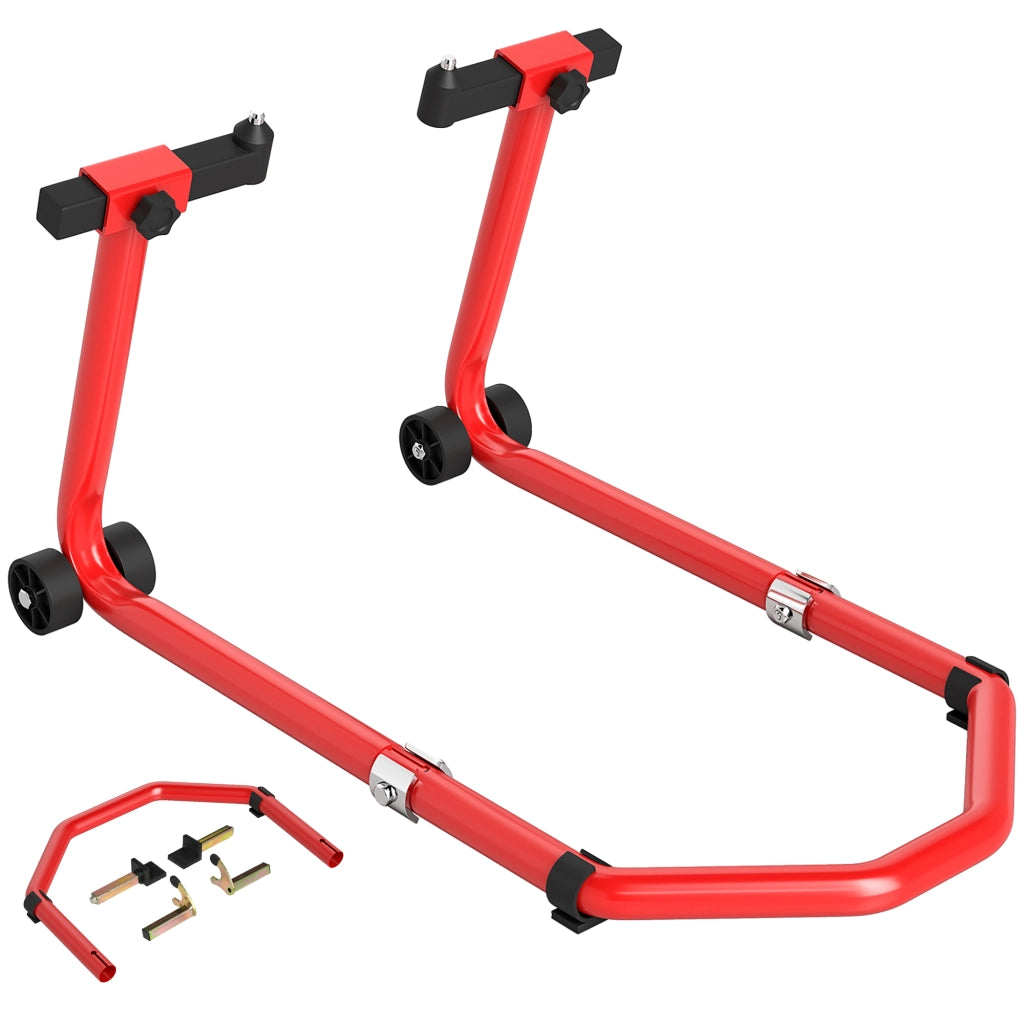 Cavalletto Moto Anteriore e Posteriore con Capacit¨¤ 390 kg, Forcelle a U e L, Rotelle e Cuscinetti Antiscivolo, Rosso