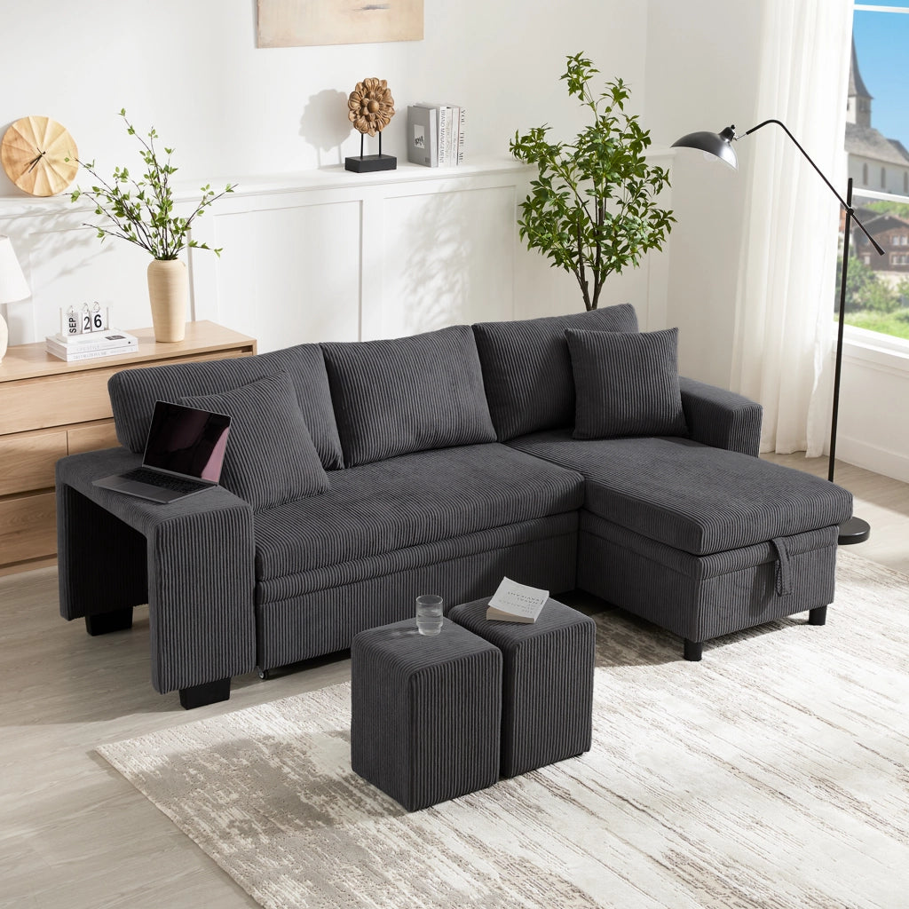 Divano Letto Angolare 3 Posti con Contenitore, USB e Cuscini ¨C MINIMAL ¨C Grigio