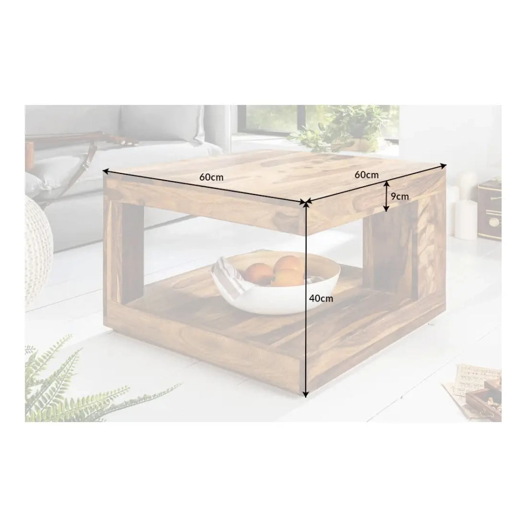 Tavolino GRADI 60 cm in legno massiccio di Sheesham - Tavolino quadrato con spazio di stoccaggio