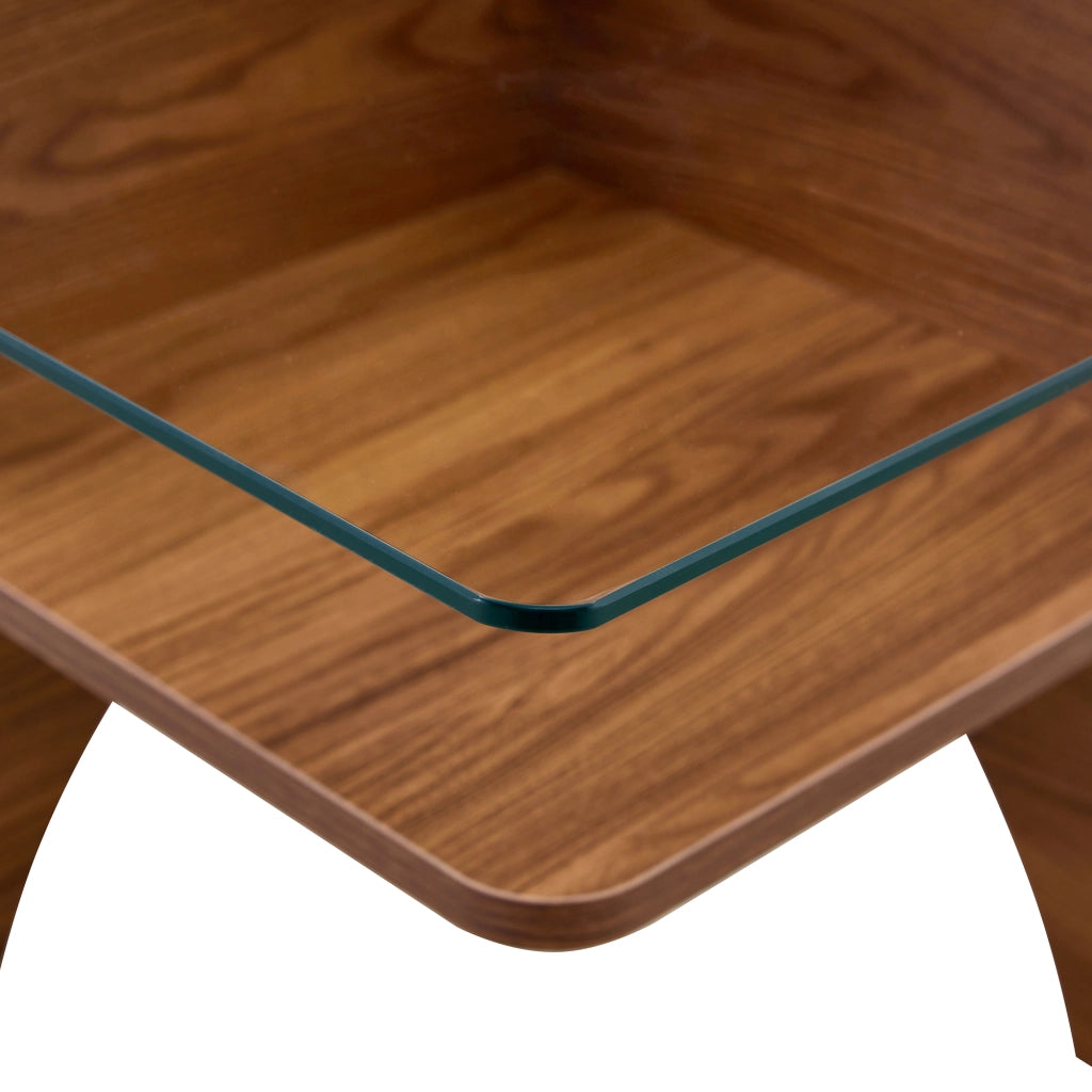 Tavolino quadrato in vetro di sicurezza 80 cm con struttura MDF effetto noce, portata 120 kg