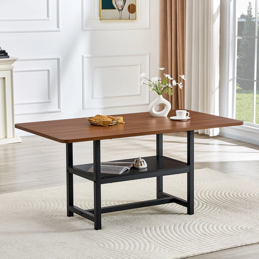 Tavolo da pranzo per 4-6 persone con ripiano portaoggetti; piano effetto noce e gambe in metallo nero; 160×90×76 cm