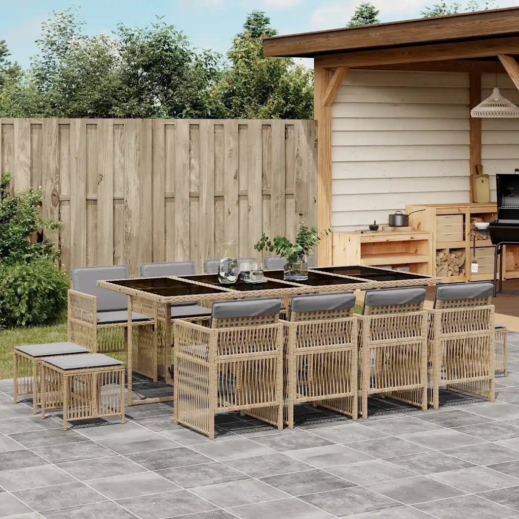 Set Pranzo da Giardino 13 pz con Cuscini Beige Misto Polyrattan