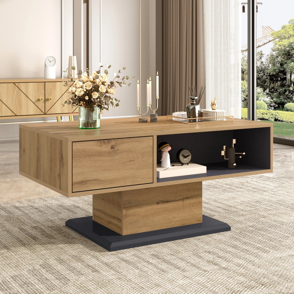 Tavolino da salotto con contenitore su due lati, vano interno, per soggiorno, in truciolare, rovere e grigio, 100 × 50 × 46,5 cm