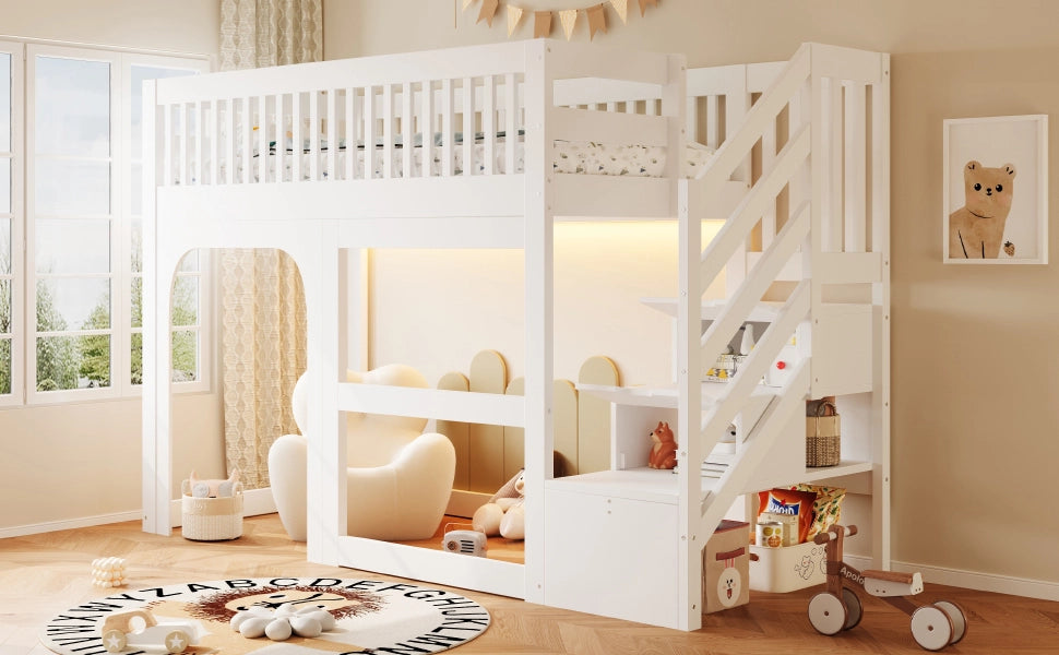 LETTO a soppalco per bambini 90x200 cm in legno bianco con scale contenitore e LED