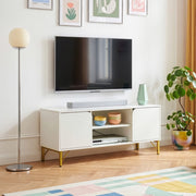 Mobile Porta TV Reyri a 2 Ante e 2 Vani Aperti 120 x 39 x 52 cm - Bianco/Dorato [en.casa]