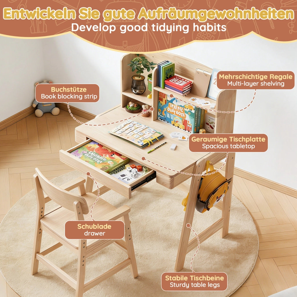 Scrivania lineare per bambini da 6 anni con altezza regolabile, cassetto, vano contenitore e gancio, in legno naturale