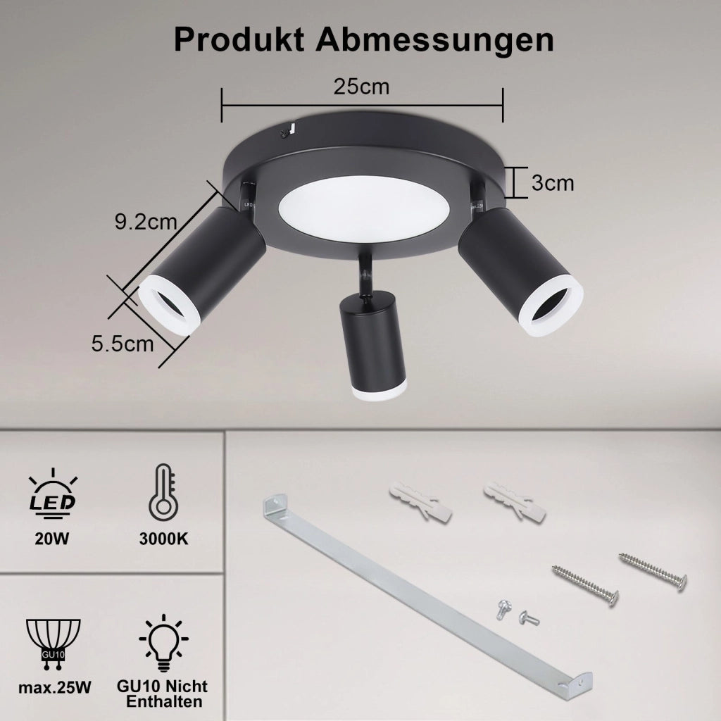 ZMH Faretto da soffitto 3 lampadine GU10 20W camera 3000k nero lampada cucina orientabile 350 orientabile in metallo