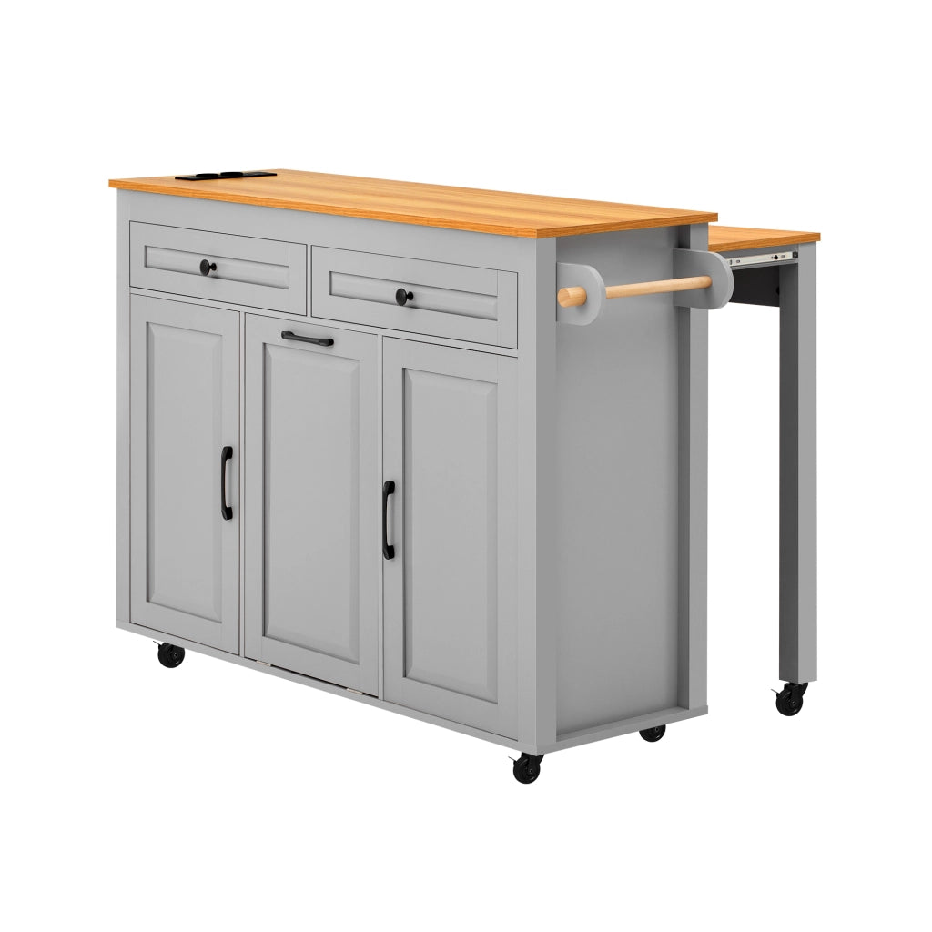 Isola Cucina Mobile con Ruote e Piano Estensibile 120×40-75 cm; Vano Porta Rifiuti; Prese AC/USB-C e Spazio Contenitore Grigio