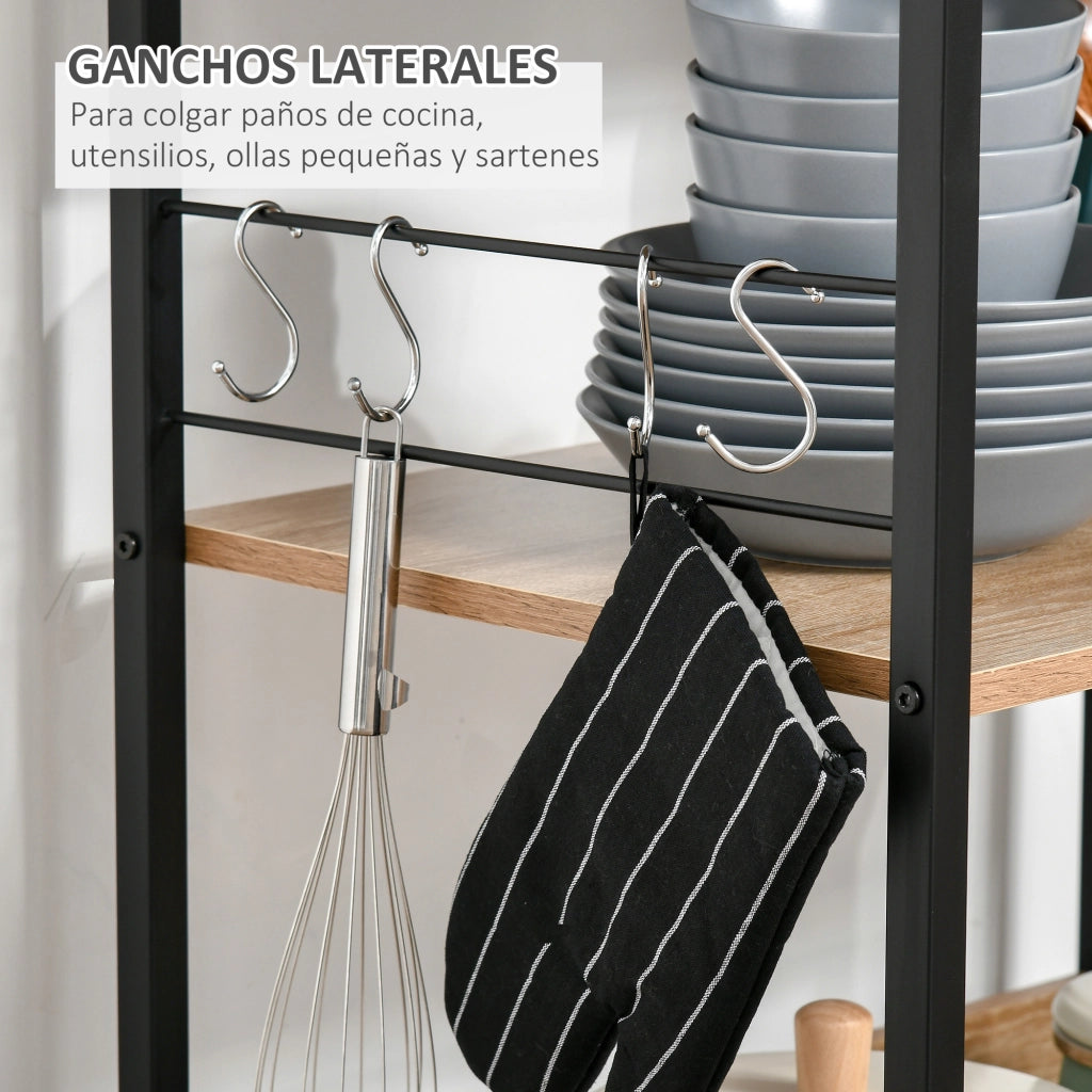 Scaffale da Cucina 4 Ripiani con Ganchos ¨C Xylo ¨C Legno Naturale 60x40x125 cm