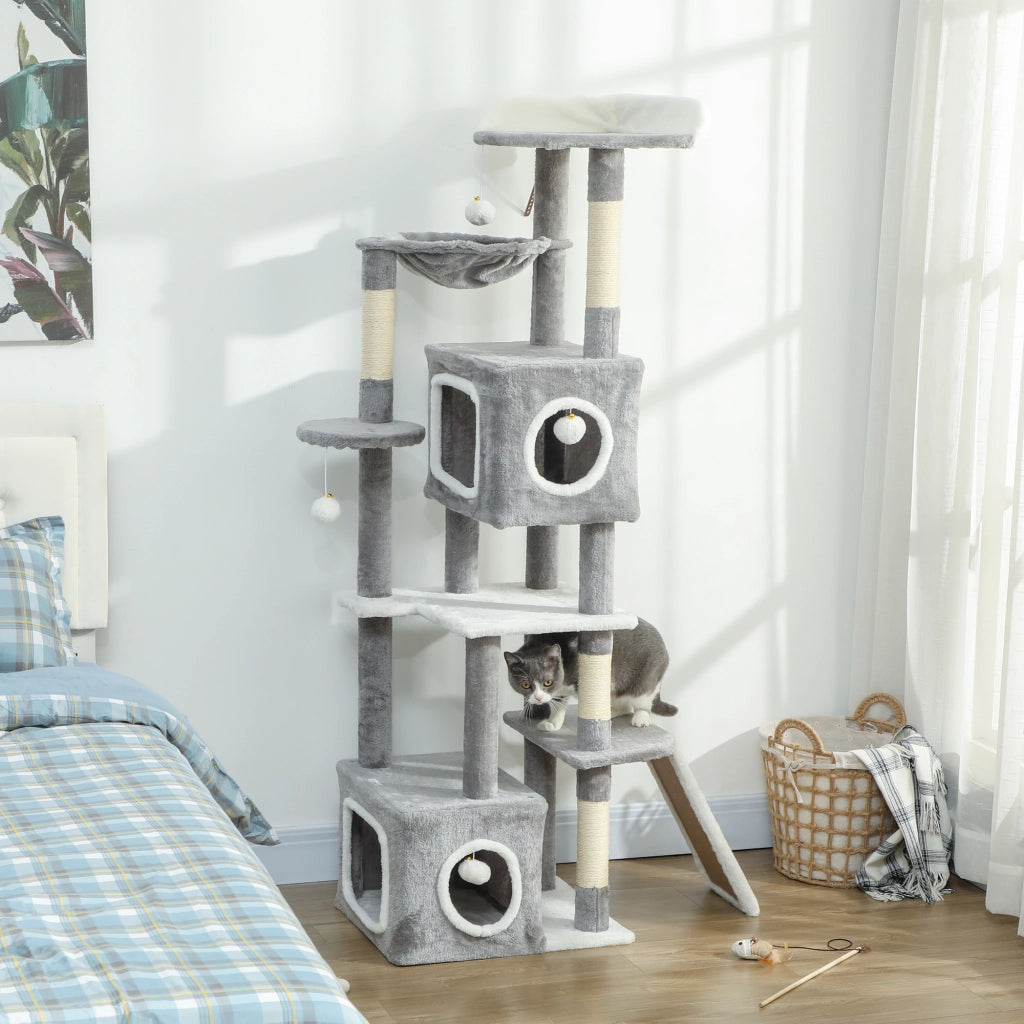 Arbre ¨¤ chat con 2 nicchie, piattaforme, amaca, scala e 4 pompon ¨C zephmum ¨C 165 cm grigio