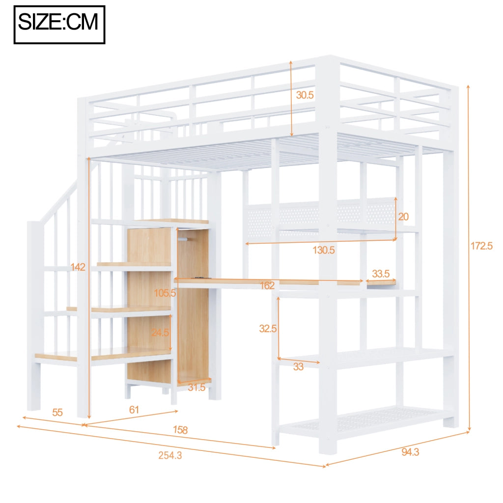 DESMIU Lit soppalco 90 × 200 cm 1 posto con scala contenitore, LED, prese, ripiani, senza materasso, in metallo e legno, bianco