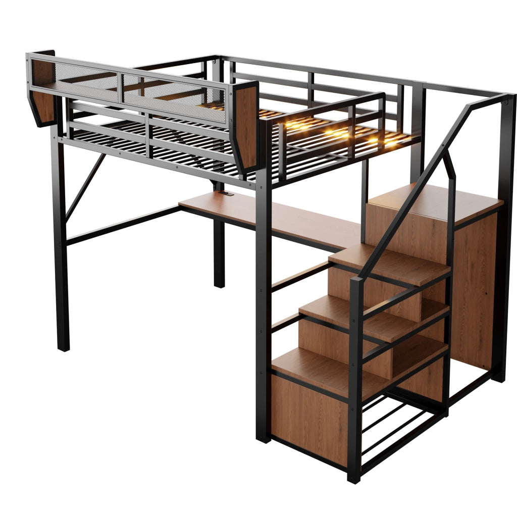 Letto a soppalco matrimoniale con striscia LED; scrivania da 200 cm; scala di sicurezza e scaffale flessibile 140 × 200 cm; senza materasso