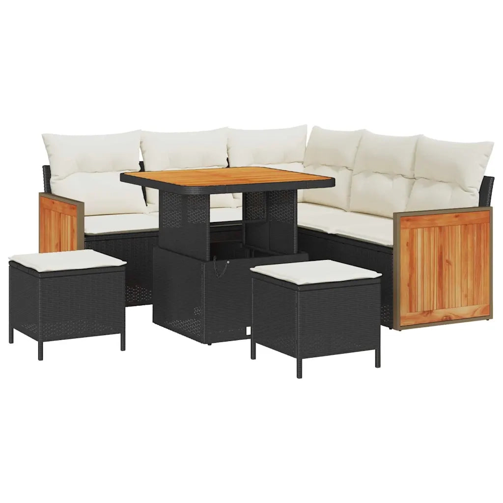 Set Divano da Giardino 9 pcs Nero e Crema polyrattan