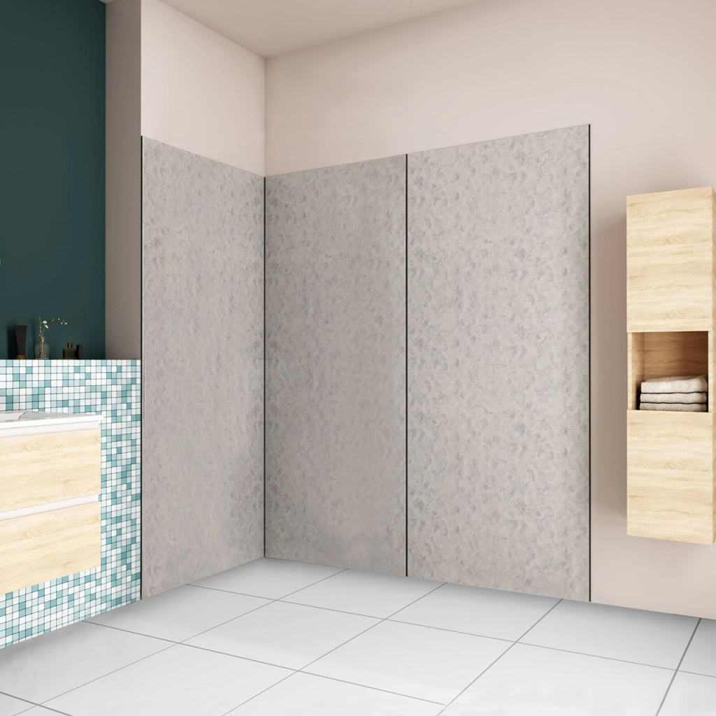 H.210 cm Pannello Doccia ad Angolo 90x90x90 cm Realizzato in Alluminio da 3 mm con Profili Finitura Grigio Cemento per Rivestimento Parete Bagno