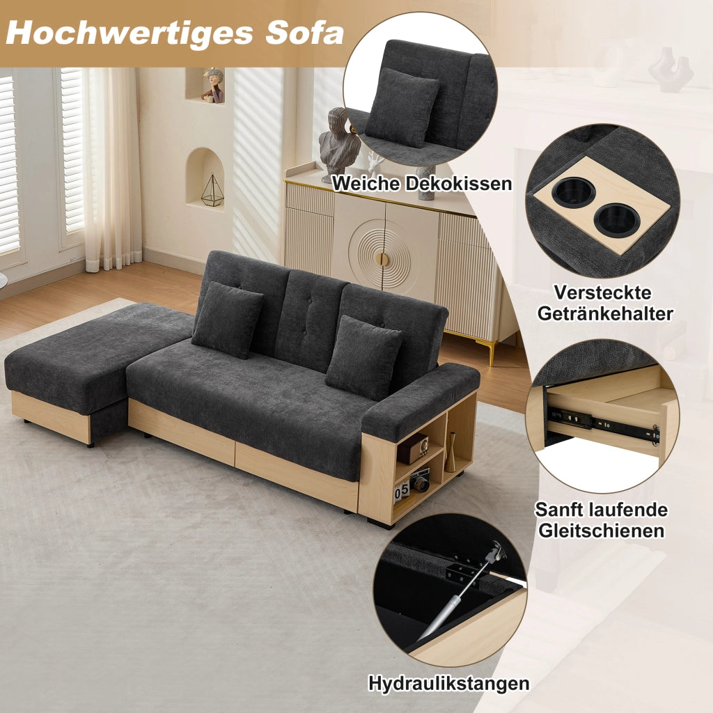 DIVANO letto 217x110x90 cm Chenille Grigio con contenitore e 2 cassetti