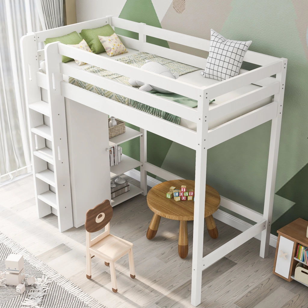 Letto a soppalco per bambini 90 × 200 cm con armadio e 6 ripiani; senza materasso; in legno e pannelli; bianco