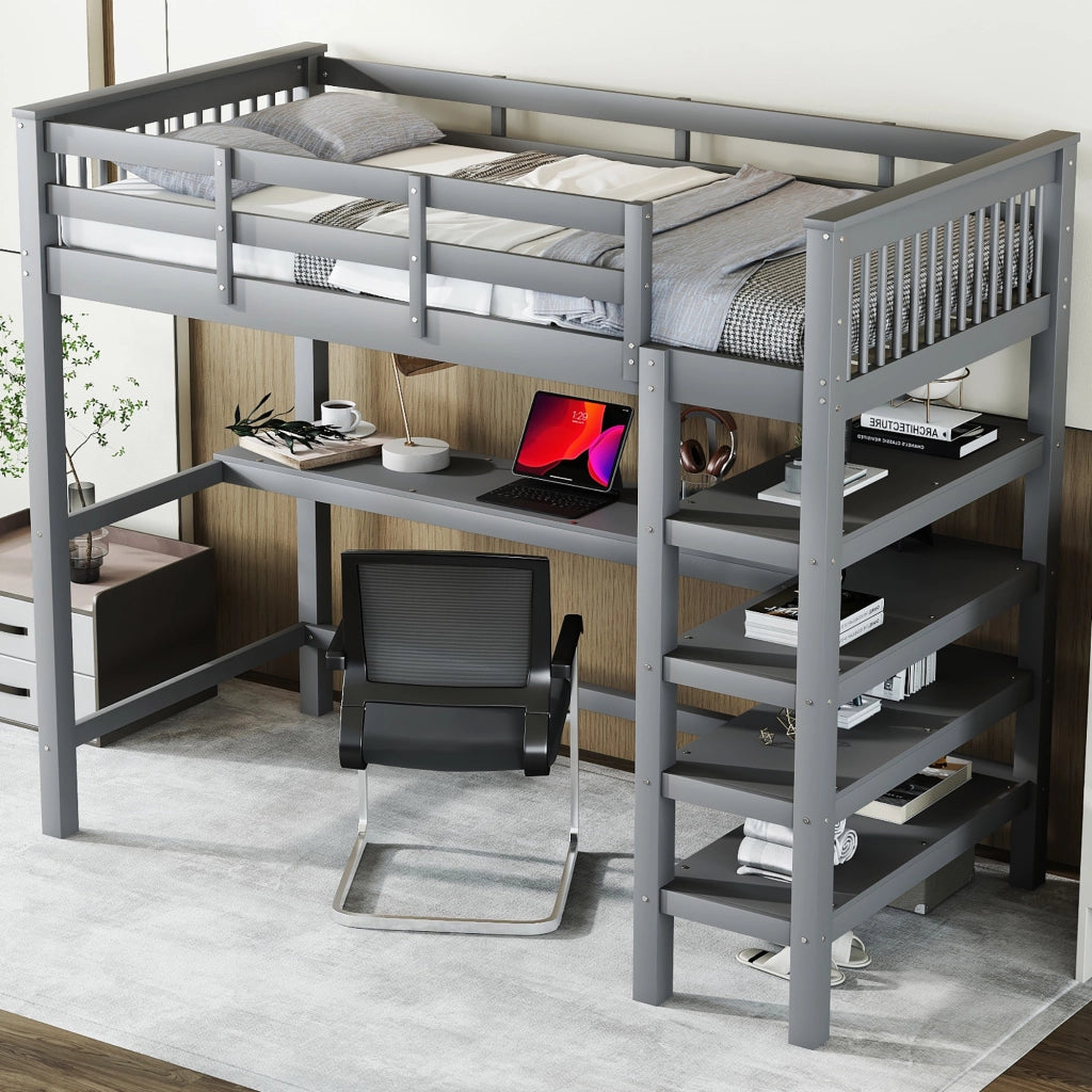 LETTO A CASTELLO ALTO con scrivania e ripiani 90 x 200 cm pino e MDF grigio