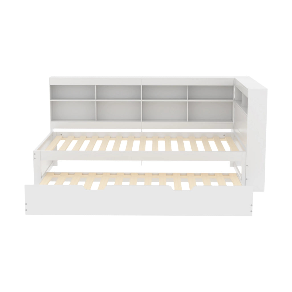 OKWISH Letto estraibile 90×200 cm, Letto Singolo con USB, vani contenitore e mensole, 90×190 cm, senza Materasso, in Legno, Bianco