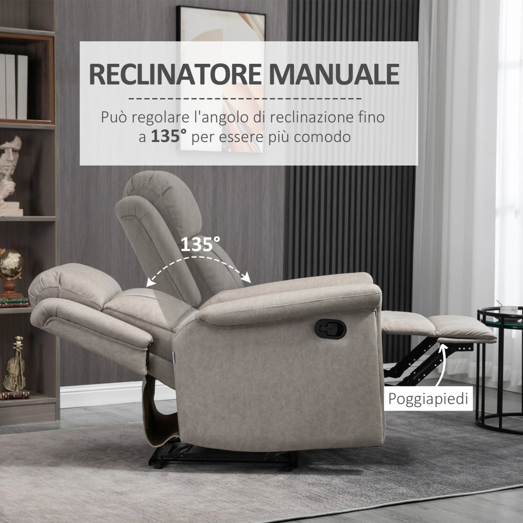 Easycomfort Poltrona Reclinabile Manualmente 135° con Poggiapiedi, Poggiatesta e Braccioli Imbottiti, 78x96x102 cm, Grigio
