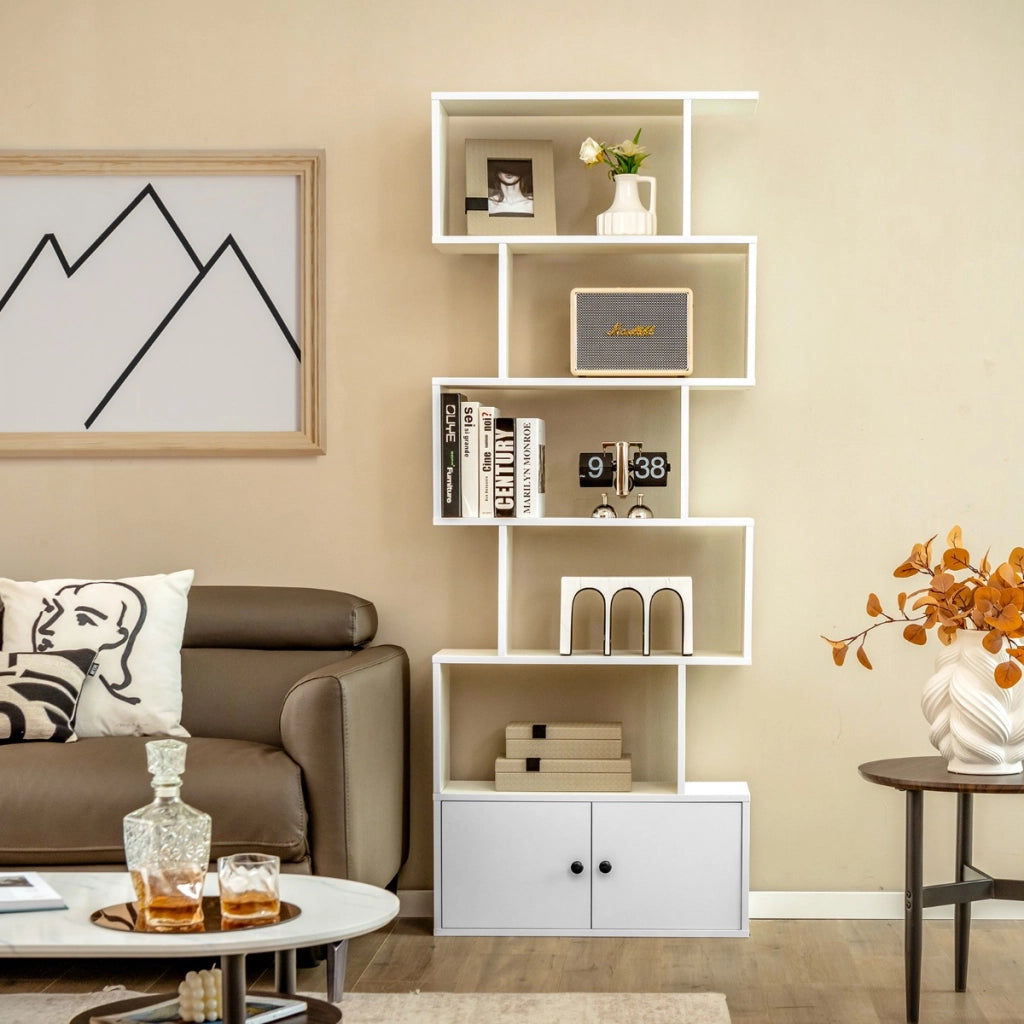 Libreria a forma di S a 5 livelli con ante, Scaffale decorativo in legno per il soggiorno l'ufficio Bianco