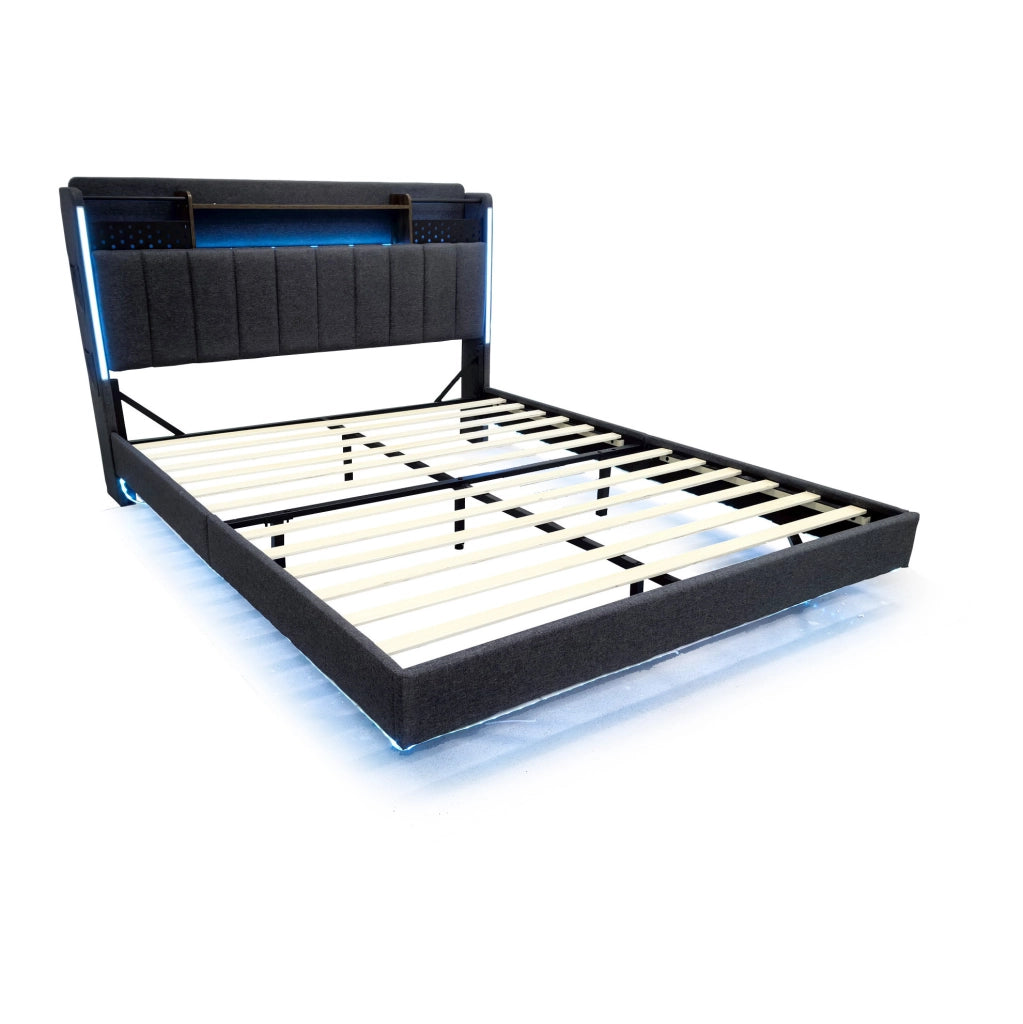 Letto matrimoniale imbottito 140x200 cm con LED; porta USB e contenitore; grigio