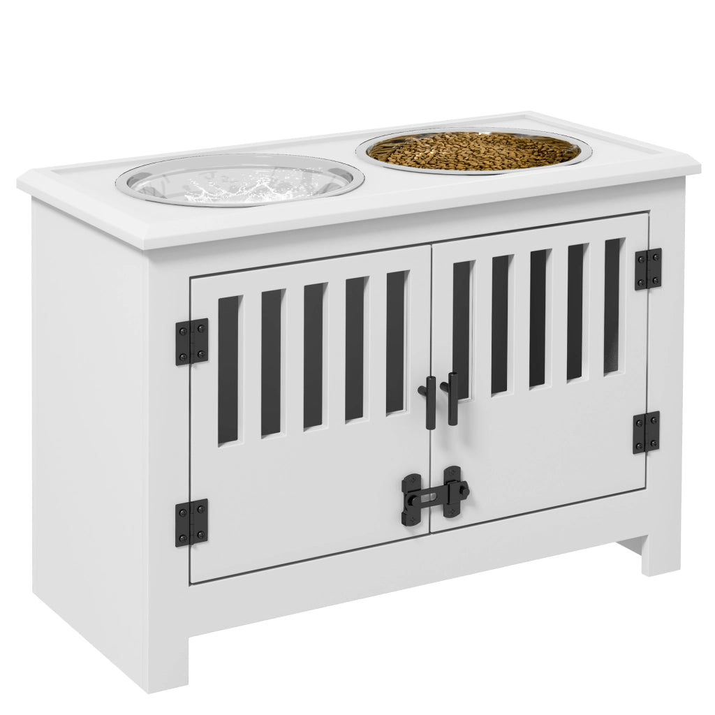Ciotola rialzata per cani grandi ¨C Xylo ¨C 2 ciotole inox con contenitore, 35,5x60x30 cm, bianco