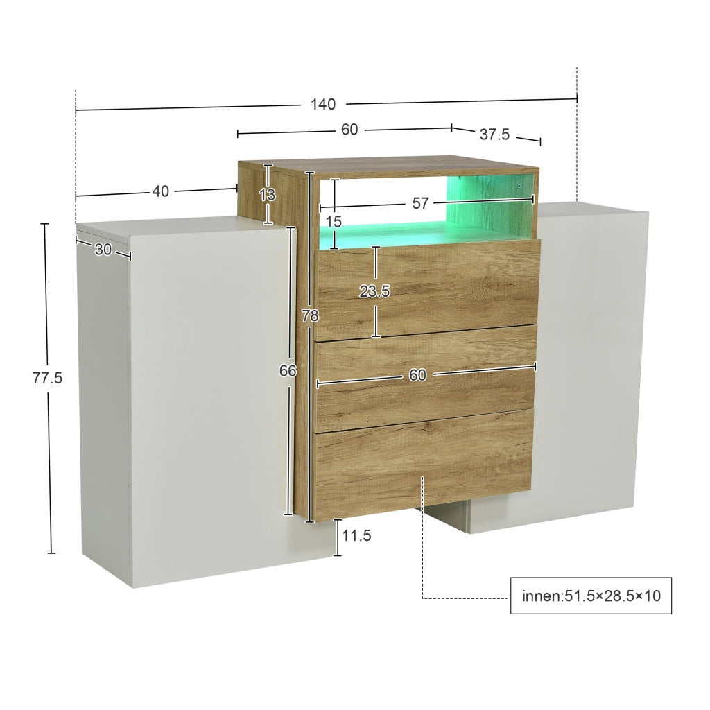 Credenza Moderna con LED ¨C MINIMAL ¨C Bianco Lucido e Legno 140cm