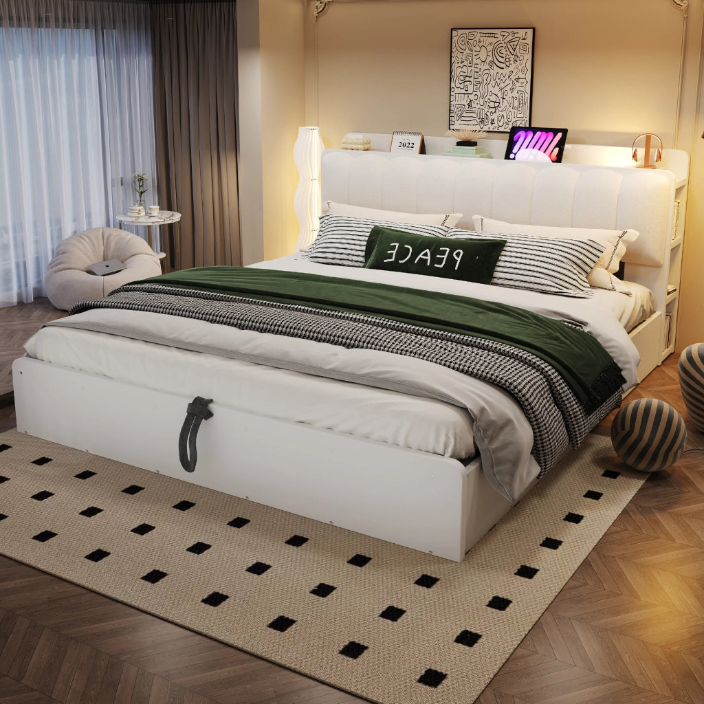 DESMIU Letto contenitore 180 × 200 cm 2 posti con testiera, USB, luce notturna e spazio, senza materasso, bianco