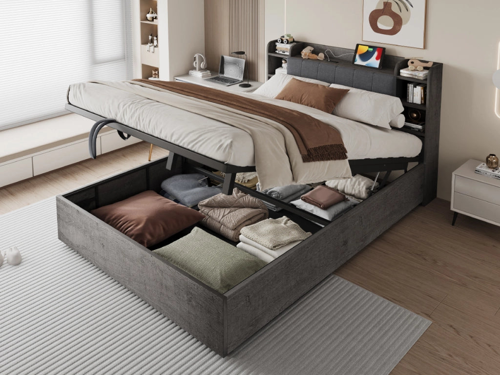 Letto contenitore 180 × 200 cm con sollevamento idraulico, USB e Type-C, ripiani, senza materasso, grigio