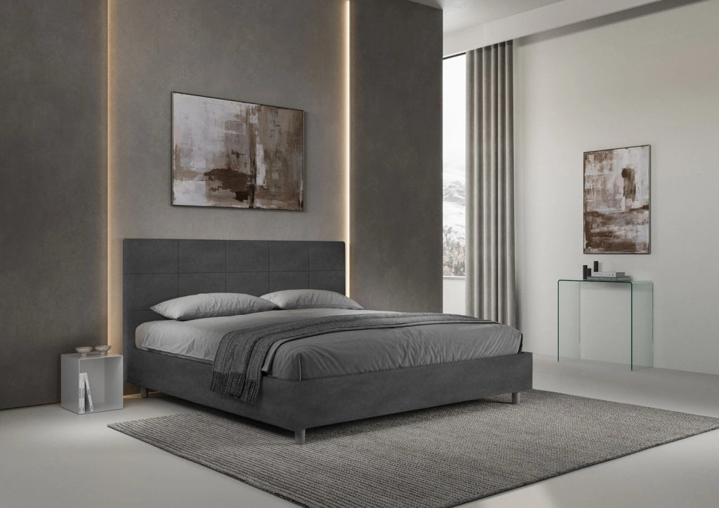 Letto Matrimoniale King Size 200x210 cm Senza Rete Imbottito in Microfibra Mika Grigio