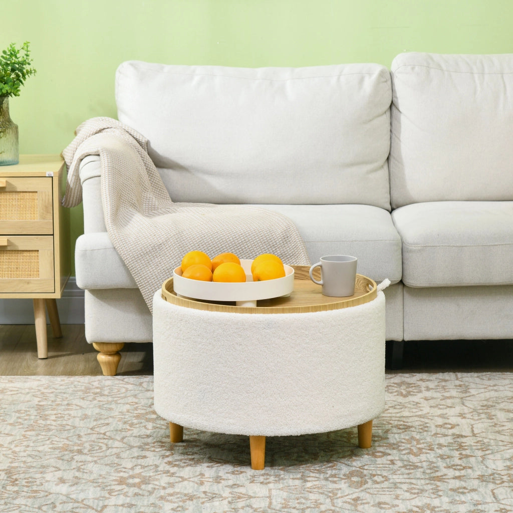 Pouf Imbottito con Stoccaggio ¨C Minimal ¨C 56x56x42 cm, Bianco, Tessuto Teddy