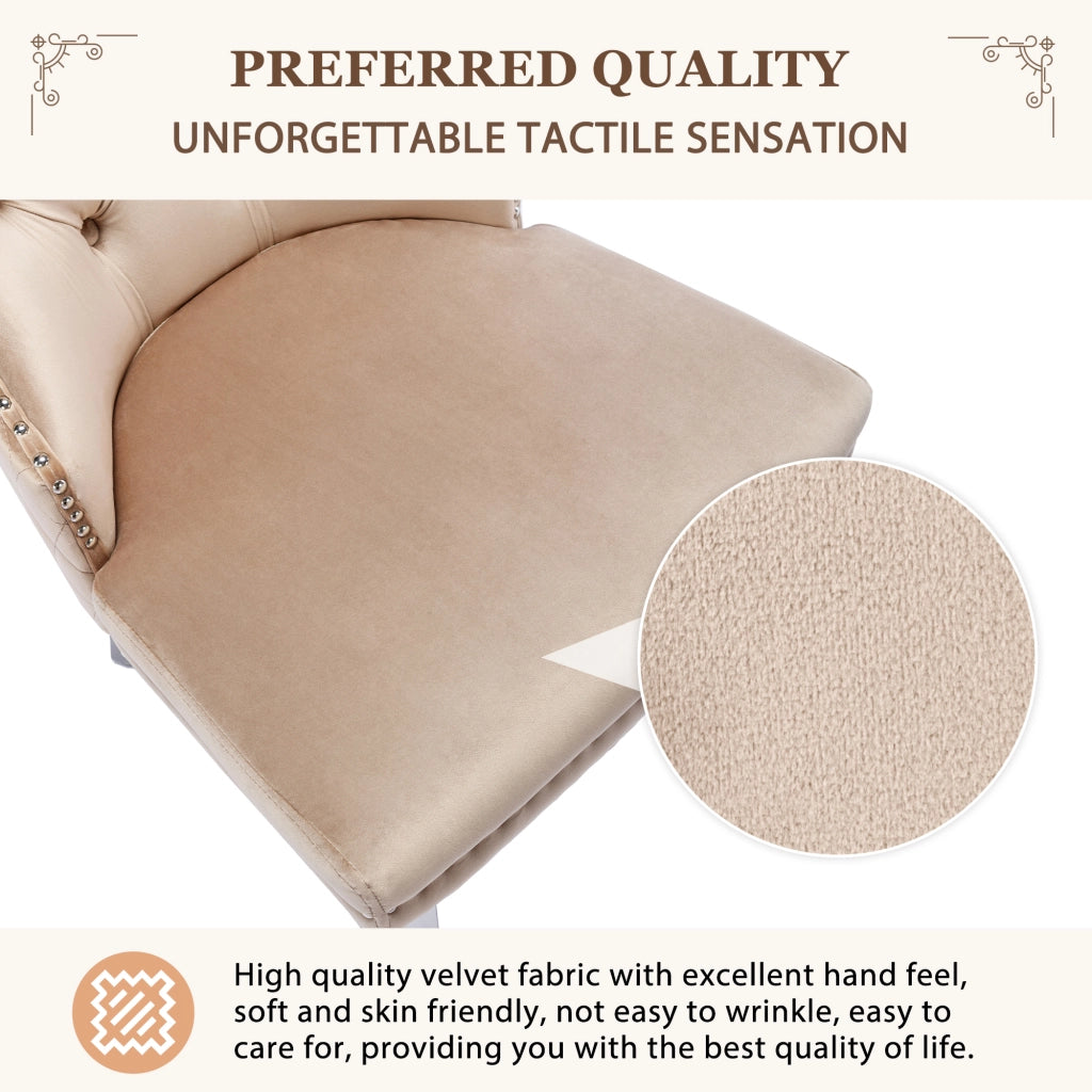 Sedia da pranzo in velluto con schienale decorativo, struttura in legno massello e gambe in metallo beige