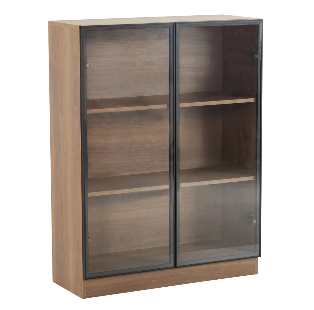 Vetrina in vetro 80x30x106 cm con illuminazione LED e 3 ripiani; vetro e pannelli truciolari noce naturale