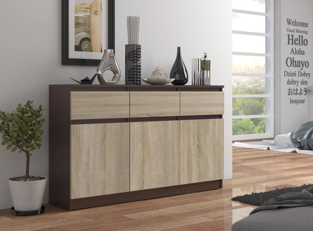 Cassettiera AKORD K140 Wengé 138 cm 3 ante 3 cassetti inserto frontale Sonoma Quercia 138x40x99 cm