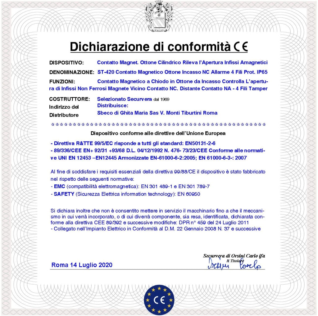 Sensore Magnetico da Incasso Cilindrico Ottone 2 Pezzi Reed NC Collegamento 4 Fili Tensione Transito Max 100 V 10 W Carico Resistivo Antifurto Infissi Non Ferrosi Forma Cilindrica ABS Prot. IP65