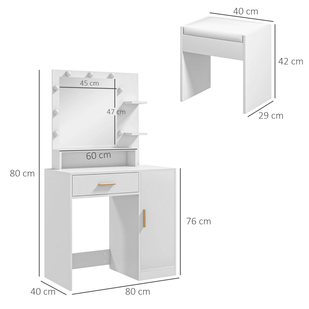 Cassettiera con specchio LED e sgabello ¨C Xylo ¨C bianco con cassetti e ripiani
