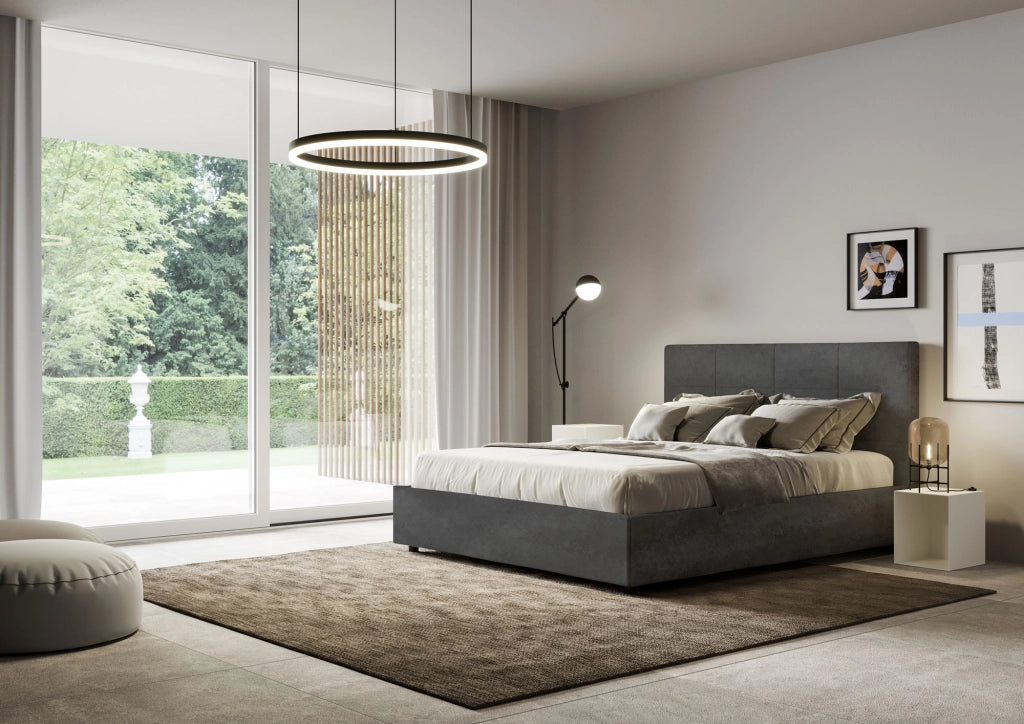 BS COM Letto una piazza e mezza con rete imbottito 130x200 microfibra grigio