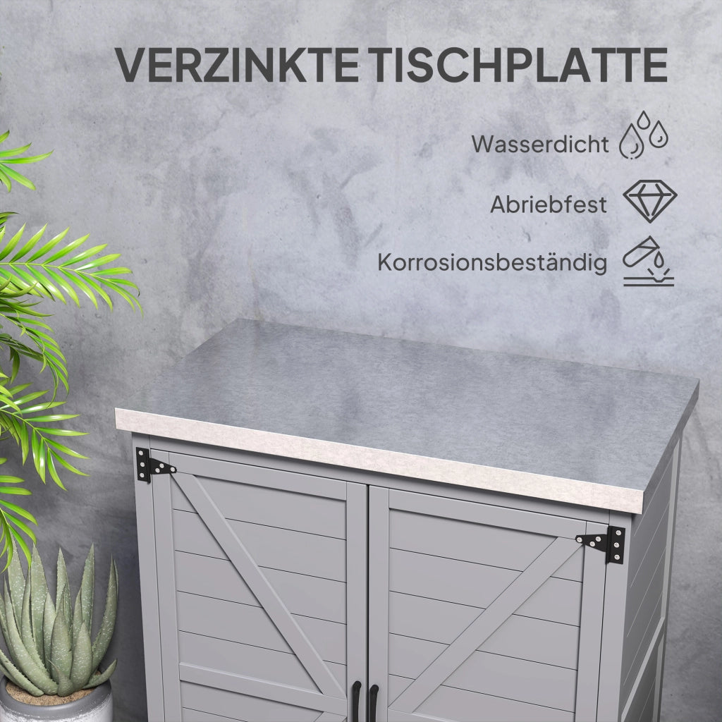 OKWISH Armadio da Giardino con Piano di Lavoro, Doppia Anta e Ripiano, per Uso Esterno, Legno, Grigio, 79 × 43 × 92 cm