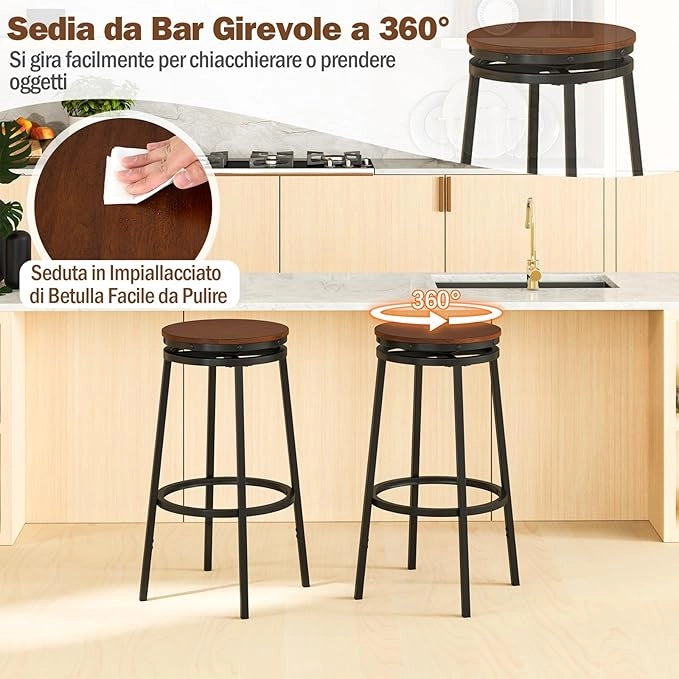 Set di 2 Sgabelli Girevoli e Regolabili in Altezza, Sgabelli da Bar in Metallo e MDF con Poggiapiedi, Mobile per Isola della Cucina, Sala da Pranzo e Salotto, Marrone e Nero