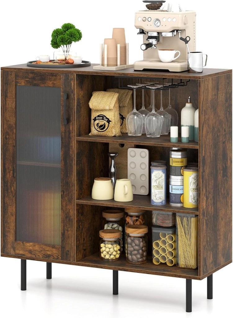 Credenza da Cucina, Armadietto Salvaspazio in Legno con Porta, Ripiano Regolabile e Portabicchieri da Vino, Mobile a Buffet per Soggiorno, Sala da Pranzo e Ingresso, 95 x 35 x 98 cm