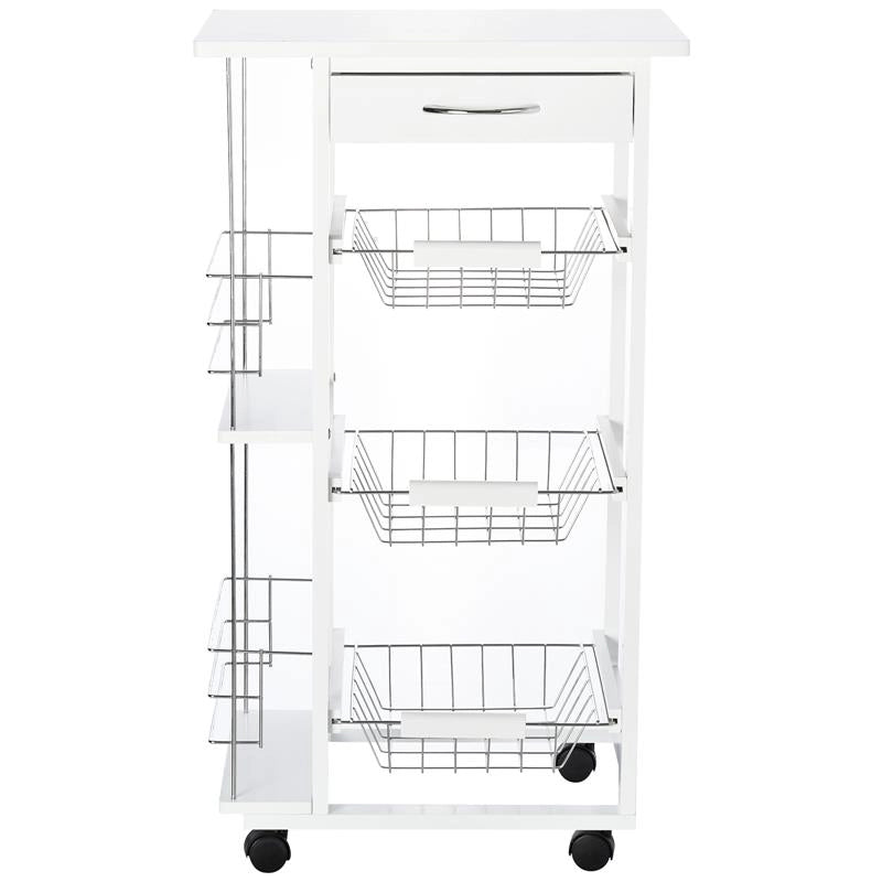 CARRELLO DA CUCINA SALVASPAZIO IN LEGNO CON 4 RUOTE 3 CESTI ESTRAIBILI BIANCO