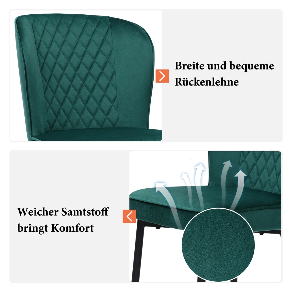 Sedia da pranzo (2 pezzi), verde scuro, sedia di design imbottita con schienale, seduta in velluto, struttura in metallo