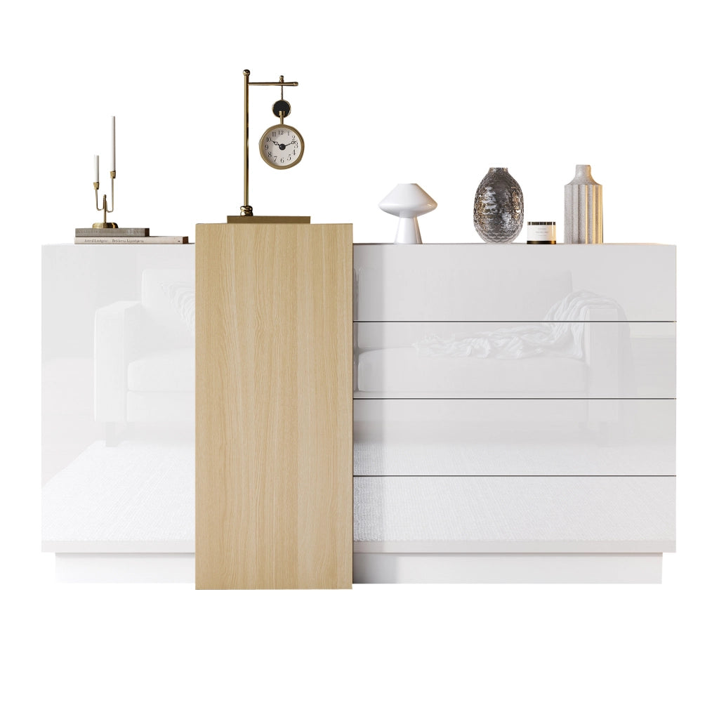 Credenza moderna bianca lucida in MDF 140 x 35 x 76;5 cm con 4 cassetti e 2 ante
