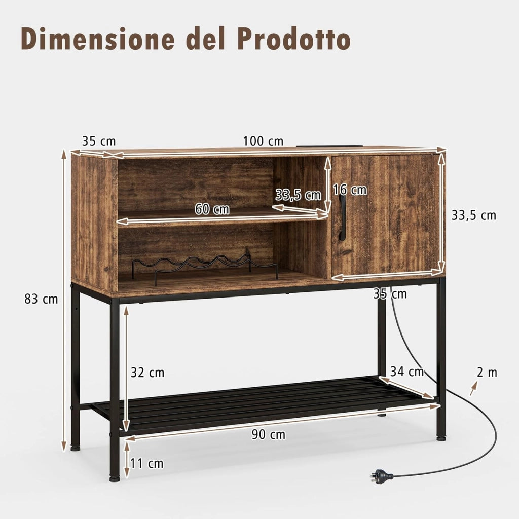 Credenza Buffet da Cucina, Mobile da Cucina con Prese Elettriche e Porte USB, con Portabottiglie e Mensole, per Sala da Pranzo, Soggiorno e Ingresso, 100 x 35 x 83 cm (Marrone)