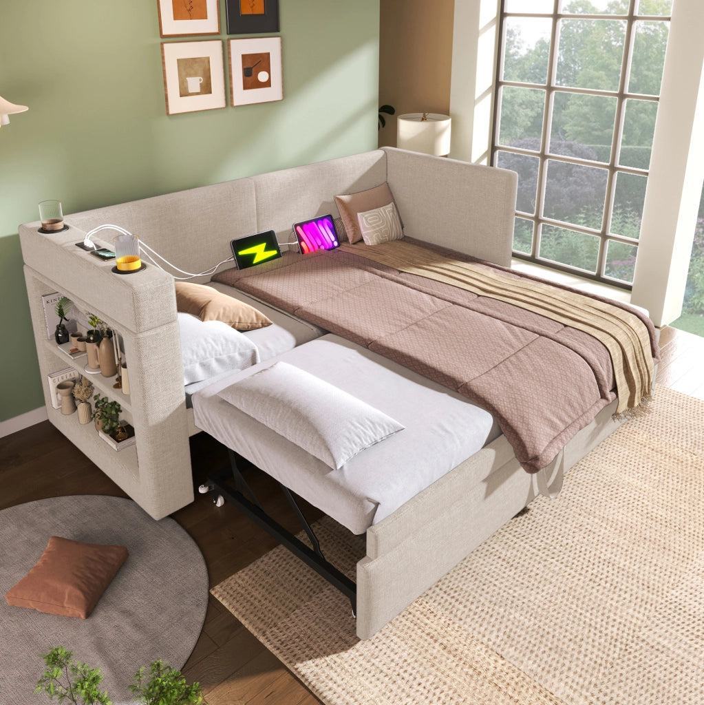 Divano letto con letto estraibile 90x200 cm; cotone e lino beige; USB e Type-C
