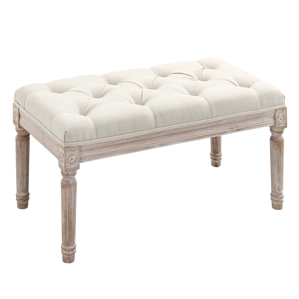 Pouf Imbottito in Tessuto e Legno ¨C Minimal ¨C 80x40x43 cm, Cremewei?