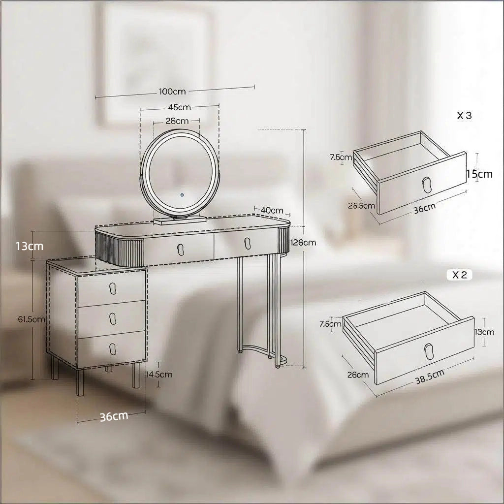 Toeletta con 5 cassetti; specchio LED orientabile e sgabello; per camera da letto e ufficio